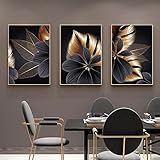 ConBlom 3er Set Designer Leinwand Poster Wandbilder, Abstrakt Schwarz Goldenes Pflanzenblatt Leinwand Poster Druck Moderne Nordische Dekoration Wandkunst Malerei Bild