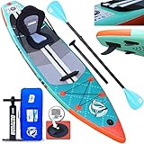 Stand up Paddling Board Aufblasbare SUP Set, Kajak Sitz,330x76x15cm, Tragkraft bis 150Kg, Cam Halterung,Integrierte Kick-Pad, 3 Finnen, Verstellbares Doppel-Paddel, Komplettes Zubehör, Mintgrün