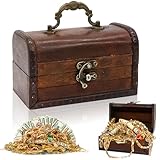Spetsbst Kleine Holz Schatztruhe Box 14x8.5x8.5 cm Vintage Holztruhe Piratenkiste Schatzkiste Holz Aufbewahrung für Schmuck, Münzen, Deko, Erinnerungsstücke (Rot)