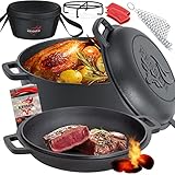 KESSER® Dutch Oven 2in1 Gusseisen Topf 4,8L und Pfanne 1,8L einsatzfertig eingebrannt Inkl. Kochbuch Schmortopf Doppelfunktion Deckel/Bratpfanne für Küche Camping Garten BBQ Backen Gasgrill, Schwarz