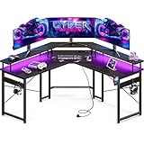 ODK Gaming Tisch mit LED, Gaming Schreibtisch mit 2 Steckdosen und 2 USB Ladeanschluss, Computertisch Schwarz mit großzügiger Monitorablage, Stabiler Stahlrahmen und einfache Montage, 129x129 cm