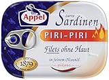 Appel Sardinenfilets - Zarte Ölsardinen Piri Piri – Pikant gewürzte Fischfilets in aromatischem Olivenöl, ohne Haut - 10 x 105 g