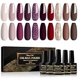 Shining She UV Nagellack,10 Farben Nude Beige Rot Dunkelviolett Dunkelrot Braun Golden Glitzer Gel Nagellack Soak-Off UV nagellack Set für Anfänger DIY Nail Art Set,8ml