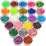 FANDAMEI 24 Farben Glitzer Holographische Pailletten Set, Glitzerpuder Glitter Bunte Irisierende Flocken, für Festival Dekoration, Basteln, DIY, Nageldesign