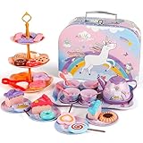 XiYee 48 Pcs Teeservice Kinder, Tee Set Kinder mit Einhorn Koffer, Teeparty Rollenspiel für kleine Mädchen, Teeservice mit Dessert, Teeservice Kinderküche für Kinder Mädchen