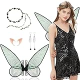 Aomig Feenflügel Erwachsene, Fairy Wings Kranz-Tiara , Feenflügel Damen Elfenohren, Flügel Fee Erwachsene Geeignet Fasching Karneval Geburtstag Cosplay Party Halloween(Schwarz)