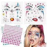 4 Blatt Karneval Tattoo Clown Gesicht Temporäre Tattoo Glitzersteine Gesicht Joker Tattoos für Party Cosplay Karneval Fasching Accessoires