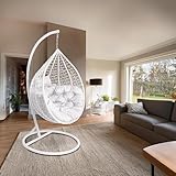 2mGoods Luxuriöser Hängesessel mit Gestell inkl. allergikerfreundlichem Kissen - Hängestuhl mit platzsparender runder Basis, ideal für kleinere Räume Indoor und Outdoor - schaukelsessel Polyrattan