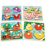 Kaisibum 4 Stück Holzpuzzles Puzzlespielzeug für Kinder 3-6 Jahr, Puzzle mit Griff Holz Puzzlespielzeug Bauernhoftieren Obst Cartoon Tiere Holzspielzeug Lernspielzeug für Junge,Mädchen