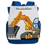 minimutz Kindergartenrucksack Jungen personalisiert mit Namen | Kinder-Rucksack Bagger Baustellenfahrzeug für Kinder | Kleiner Freizeitrucksack Kinderrucksack Kita Kindergarten 2-5 Jahre (dunkelblau)