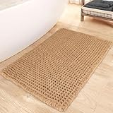 Mavicen Waffle Badteppich, 43 * 61cm Superabsorbierende Badematte rutschfest, Maschinenwaschbare Bequeme Badteppiche mit Quasten, Stilvolle Badematte Boho für Badezimmerboden (Braun)