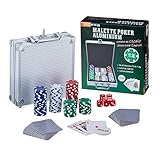 Relaxdays Pokerkoffer, 100 Pokerchips ohne Wert, 2 Kartendecks, 5 Würfel, Dealer-Button, Pokerset, abschließbar, Silber