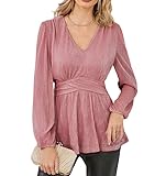 GRACE KARIN Damen Elegant Tops Langarm Wickelbluse Oberteile V-Ausschnitt Slim Fit Hemdbluse Glitzer Party Top Tunika Rosa M