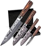 Wolfblood Damastmesser-Set 4er (32cm, 30cm, 24cm und 20cm) Profi-Damast-Küchenmesser aus 67 Lagen Damaststahl Chefmesser und Santokumesser mit Klingenschutz und Geschenkbox