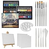 GC QUILL 48 Farben Acrylfarben Set 12 ml x 48 Tuben mit 6 Pinseln, Palettenmessern, leinwand zum bemalen, Staffelei, für Künstlerfarben auf Holz, Keramik, Stoff, Basteln GC-APK48