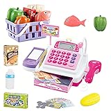 Sotodik 34 Stück Kasse Kinder Rollenspiel Supermarkt Spielzeug Kaufladen Kaufmannsladen Zubehör Registrierkasse Supermarktkasse mit Geld，Lebensmittel，Kreditkarte Geschenk für Kinder Mädchen ab 3Jahren