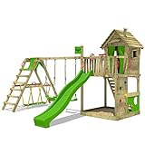 FATMOOSE Spielturm Klettergerüst HappyHome Hot mit SurfSwing, Schaukel & apfelgrüner Rutsche, Outdoor Kinder Kletterturm mit Sandkasten Leiter & Spiel-Zubehör für den Garten