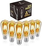 WOOWTT LED Edison Glühbirne, E27 LED Birnen 6W Antik Retro Stil LED Vintage Glühlampe, Dimmbar, LED Filament Glühlampe, Amber Glas, 600Lumen, ST64, 2700K, 6 Stück