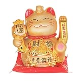 Maneki Neko Winkekatze Glückskatze Glücksbringer Winkende Katze aus Porzellan, Keramisch Statuette für Zuhause Büro und Laden Dekoration, Golden, 28cm/11inch,D