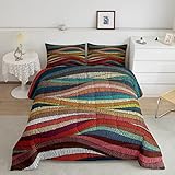 Boho Tröster-Set Full Bohemian Wavy Bedding Rainbow Embroidered Waves Bedding Comforter Sets Geometric Tribal Ethnic Bedroom Decor Colorful Abstract Lightweight Duvet Insert for Adult