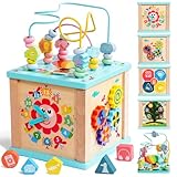 Fajiabao Motorikwürfel 5 in 1 Aktivitätswürfel Baby Holzspielzeug, Montessori Spielzeug ab 1 Jahr, Activity Center Baby 18 Monate Lernspielzeug Geschenk für Kinder Jungen Mädchen