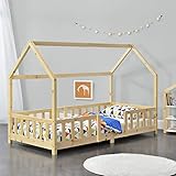 [en.casa] Kinderbett Sisimiut Hausbett 90 x 200 cm mit Rausfallschutz Holzbett für Kinder Bodenbett Lattenrost Kiefernholz Holzfarben