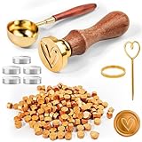 CoKeeSun 200 Stück Siegelwachs Gold, Siegelwachs Perlen Set, Wachssiegel Stempel Set für Einladungen, Karten, Umschläge, Geschenk, mit 1 Siegelstempel, 1 Schmelzlöffel, 1 Form, 1 Rührstab, 5 Teelichte