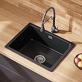 HOROW Granit Spülbecken Schwarz 56 × 43 cm, Küchenspüle Kratzfeste, Spüle mit Imprägnierung, Eckiges Granitspüle, Waschbecken Küche Reinigungsfreundliche Öberfläche, Einbauspüle Inkl. Siphon-Set