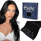 Fshine Clip Extensions Echthaar Schwarz 45cm 100% Menschliches Glatt Haare Remy Clip Extension Damen 120g Haarverlängerung Echthaar Clip Naturschwarz 7 Pcs