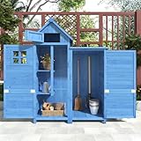 Gegtuon Gerätehaus mit Satteldach, Geräteschuppen Gartenhaus Gartenschrank aus Holz mit Fenster 2 Türen & Stauraum Ablagen, Wetterfest Outdoor Schuppen für Garten Terrasse, 118x54cm (LxB), Blau B