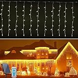 Acxilexy Solar Eiszapfen Lichterkette, 7 * 0.8 M 256 LEDs Eiszapfen Vorhang Lichter mit 8 Modi, Fernbedienung Eisregen Lichterkette, IP65 Wasserdicht Lichtervorhang für Weihnachten, Balkon, Garten