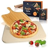 Amazy Pizzastein inkl. Bambus Pizzaschaufel, Dauerbackfolie und Beileger – Der Ultra-hitzebeständige Brotbackstein verleiht Ihrer Pizza den original italienischen Geschmack knuspriger Steinofenpizza