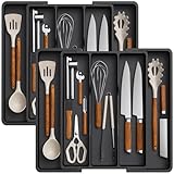 Lifewit Besteckkasten für Schubladen, Großer Utensilienständer Erweiterbar auf 57 cm, Küchenutensilienhalter Tiefe 38 cm, Schubladen Organizer Küche, Kunststoff Besteckhalter für Messer/Gabel, Schwarz
