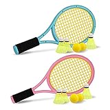 Kinder Tennisschläger mit Tragetasche,4 weiche Trainingsbälle und 6 Badminton Birdies,Plastik Tennisschläger Geschenkset für Kinder Outdoor Indoor Sport (Rosa und Blau)