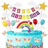 Tortendeko Geburtstag, Macaron Kuchen Deko, Happy Birthday Tortendeko, Cake Topper Tortendekoration kuchendeko, Happy Birthday, Wolke, Stern, Schmetterling, Ballon für Kinder Mädchen Junge