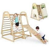 DREAMADE 6 in 1 Kletterdreieck Kletterspielzeug mit Rutsche Leiter Kletternetz Turnringe, Spielplatz Indoor Klettergerüst aus Holz mit Rutschbrett zum Rutschen und Klettern für Kinder ab 3 Jahren