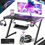 KESSER® Gaming Tisch LED 120cm x 60cm | Z-Form Gamer Schreibtisch | Kopfhörerhaken & Kohlebeschichtung | Ergonomischer PC Computertisch | Stabiler Tisch mit Getränkehalter Schwarz