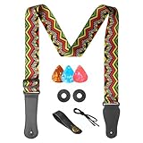 AZOR Gitarrengurt für Akustik-, E-Gitarre, Bass, gewebter Vintage-Gitarrengurt, verstellbar, mit Echtleder-Enden, mit Gurtknopf, 1 Paar Gurtschlösser und 3 Gitarrenplektren (21021)