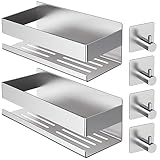 AIKER Duschablage Ohne Bohren,2PCS Upgrade Version Verdickter Edelstahl 304 Badezimmer Organizer,Kein Bohren Selbstklebend Shampoo Halterung für Dusche Mit 4 Haken für Bad, Küche, WC