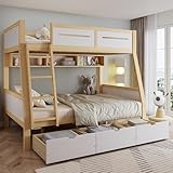 Gxffipw Etagenbett 2 Kinder Kinderbett 90x200 & 120x200 cm mit Rausfallschutz und Schubladen, Jugendbett Hochbett mit Bilderbuchständer, Holzbett Bettrahmen mit Lattenrost, Weiß+Natur, Ohne Matratze