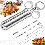 Fleischspritze Marinadenspritze 18cm 60 ml mit 3 Verschiedene Nadeln 2 Reinigungsbürste Ultra Robust Scharf Bratenspritze 304 Edelstahl Spülmaschinenfest Ergonomischen Gewürzspritze für Truthahn