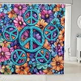 Duschvorhang für Kinder, Hippie-Stil, Boho-Stil, Friedenszeichen, Badezimmer-Duschvorhang-Set, 183 cm B x 182,9 cm L, blaugrüner Friedenssymbol-Druck, Stoff, Duschvorhang für Mädchen, Frauen, Jungen