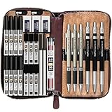 Nicpro 6 Stück Kunst-Druckbleistifte-Set mit Ledertasche, Metall-Druckbleistift 0,5, 0,7, 0,9, 2 mm Ersatzminen für Skizzieren Zeichnen mit 15 Tuben (HB 2H 2B 4B) Minen (Schwarz und Farben)