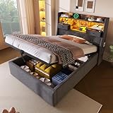 Dolamaní Polsterbett 90x200 cm mit Hydraulischem Stauraum, Einzelbett, Jugendbett, Erwachsenenbett, Bett mit LED-Kopfteil und Lattenrost, USB/Type-C funktionsbett ohne Matratze (Grau B)