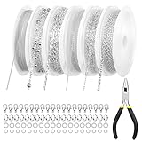 GOSHIES 6 Rollen Gliederkette Silber 14M DIY Link Chains für Schmuck Herstellung Metallkette mit 20 Karabiner Verschlüsse und 20 Sprung Ringe, Schmuckherstellungsketten für Halsketten