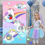 Einhorn-Sitzsack-Wurfspiel mit 4 Sitzsäcken, lustiges Indoor-Outdoor-Spiel für Kinder, Einhorn-Banner für Mädchen, Geburtstagsparty-Dekoration, Regenbogen-Einhorn-Wurfspiel-Banner mit einem Seil