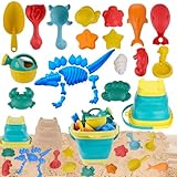 Huanuoda Sandspielzeug für Kinder,Strandspielzeug Set, 25PCS Dinosaurier Strandspielzeug Set mit silikon Sandeimer, Reise Sandspielzeug Sandformen,Sandkasten Spielzeug,Strandspielzeug für Kleinkinder