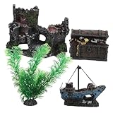 BESPORTBLE 4 Stück Teiliges Aquarium Dekorationsset mit Antiker und Schiffswrack Künstliche Pflanzen Schatztruhe und Versteck für Fische und Garnelen Farbtreue Pflegeleichte