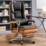 Ckaff Bürostuhl Ergonomisch, PU Leder Chefsessel, Bürostuhl 200kg mit Fußstütze und Lendenwirbelstütze, Home Office Stuhl Verstellbarer Stuhl mit hoher Rückenlehne, Schwarz