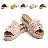 Hitmars Sandalen Damen Plateau Pantoletten Keilabsatz Espadrilles Sommer Strand Frauen Offener Zeh Cross Strap Hausschuhe 5.3cm AO1-Beige-2 EU38